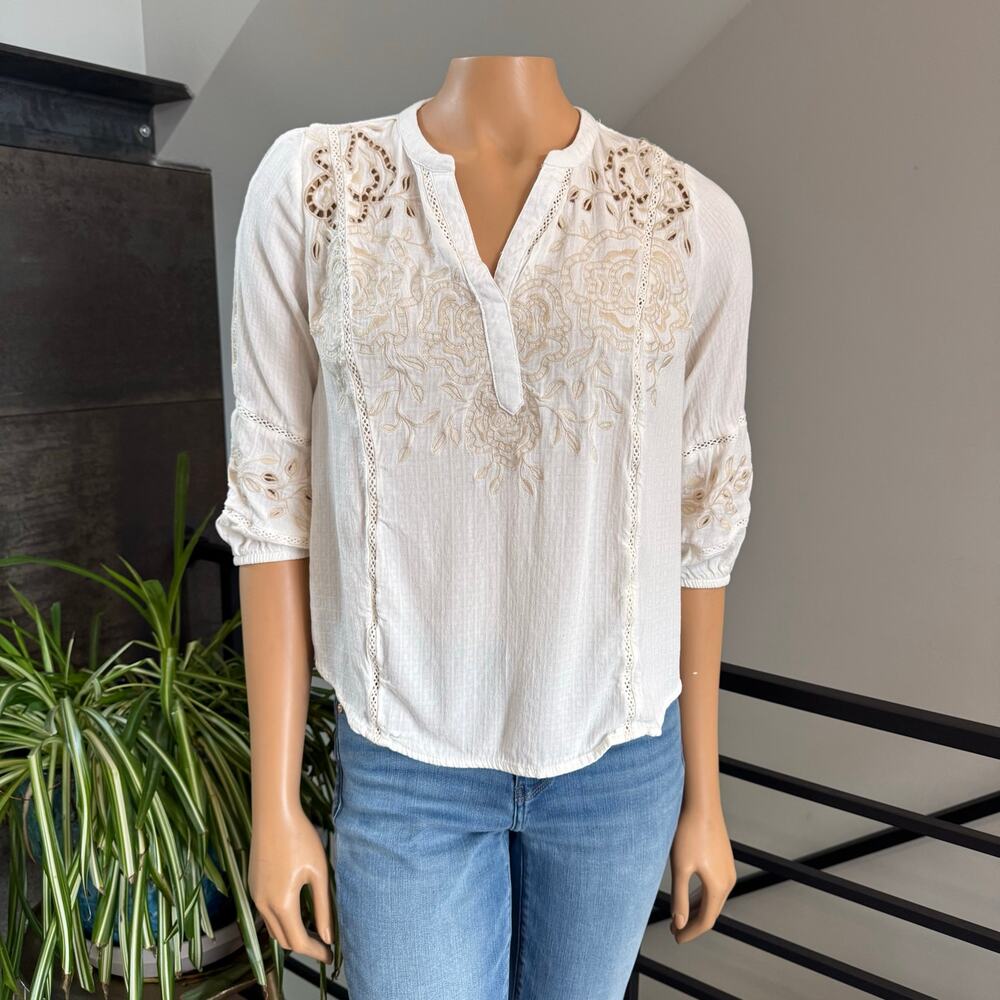 Nurture by Westbound Embroidered Boho Blouse 3/4 Sleeve Top Cream Ivory Small